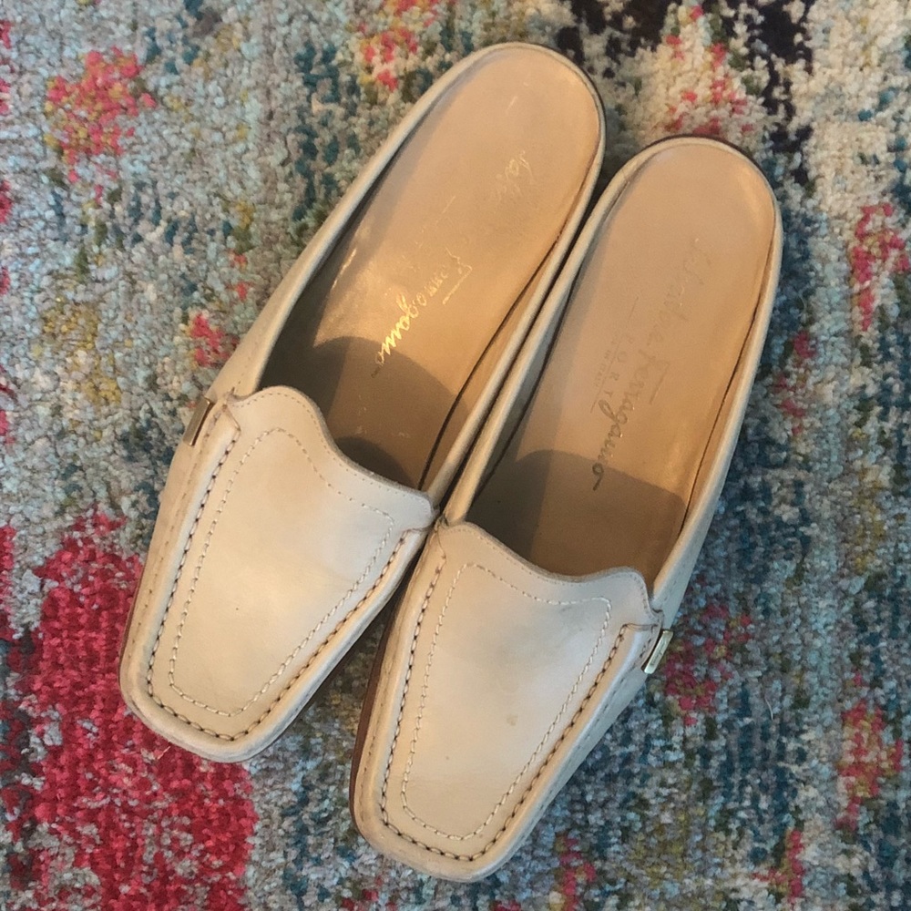 Salvatore Ferragamo Sport Cream Leather Mules